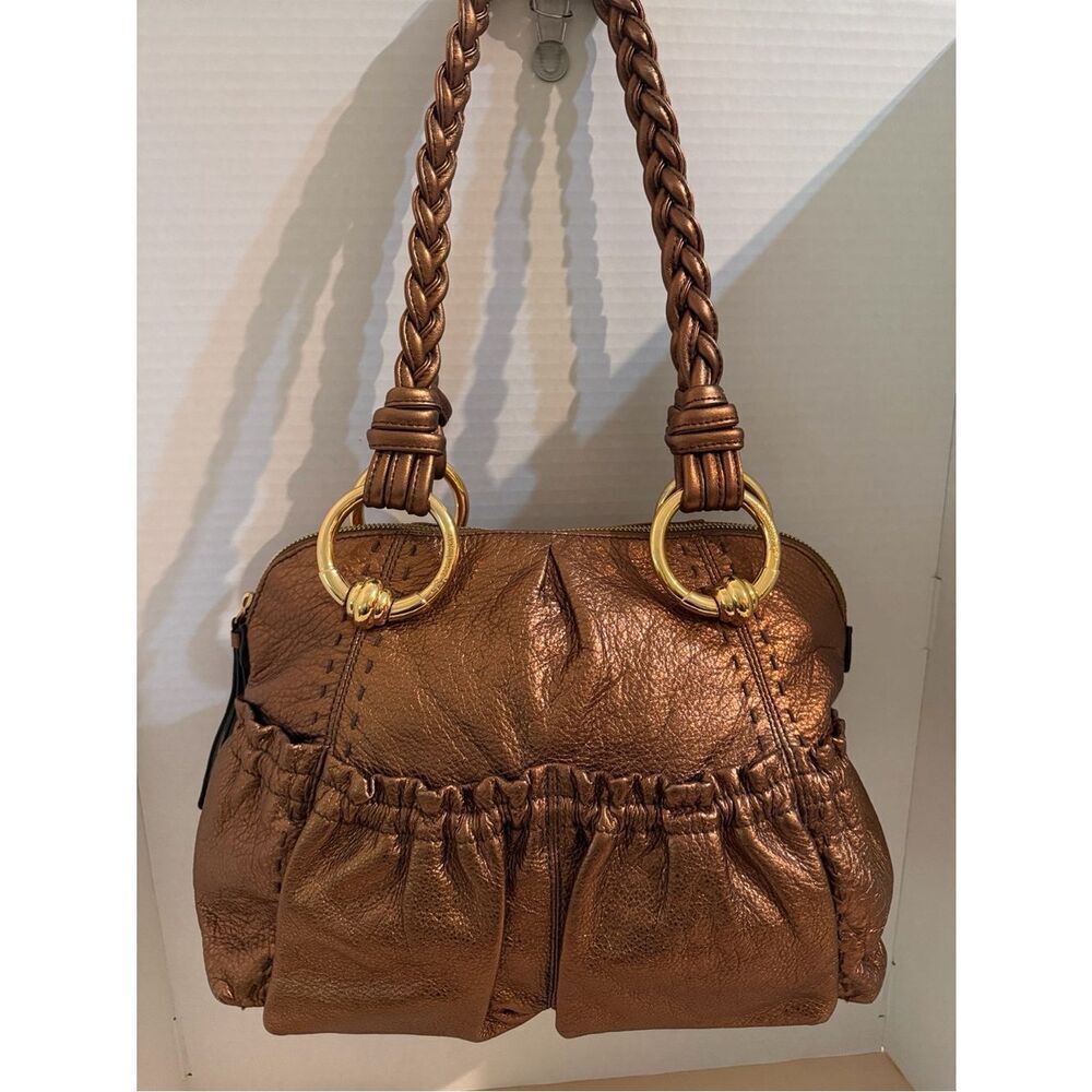 B. Makowski Metallic Bronze Shoulder Bag with Braided Handles